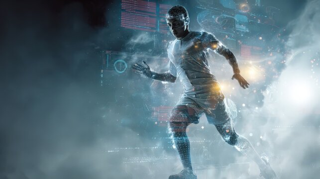 A dynamic image of a man running through a cloud in a futuristic sports setting merging the physical and digital worlds