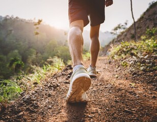 Close up man feet trail running in nature