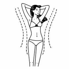 Young Beautiful Woman With Perfect Body In Underwear Posing, Slim Female With Drawn Lifting Up Lines On Fit Figure Standing With Raised Arms And Looking Away, Collage