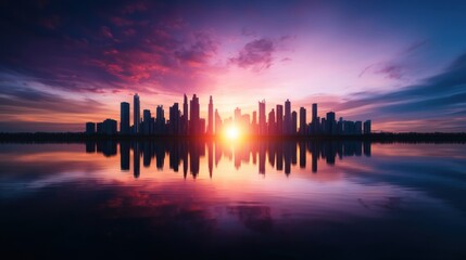 Sunrise over city skyline reflected in calm water