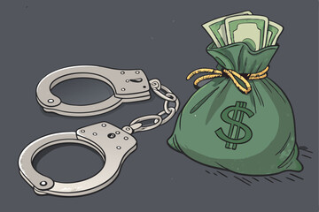 Create a striking illustration depicting a pair of handcuffs entwined with a money bag overflowing with cash.  Focus on the juxtaposition of security and wealth.