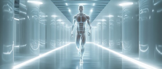Anatomical male figure running with detailed muscles in modern corridor