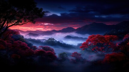 Naklejka premium Misty mountain sunrise, colorful forest landscape