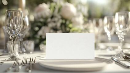 blank white place card mockup displayed on elegant wedding table setting  