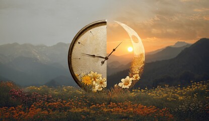 Time's Passage: A Clock in a Wildflower Meadow Transitioning from Day to Night, Serene Sunset Landscape.