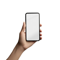 hand holding smartphone with blank screen, showcasing modern design against transparency background. This conveys sense of connectivity