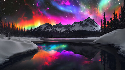 Fototapeta premium Stunning Aurora Borealis over Snowy Mountain Landscape