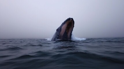 Naklejka premium Whale surfacing, open mouth, foggy ocean scene. Possible use Nature, wildlife, conservation