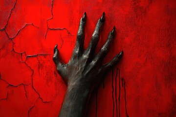 Sinister zombie hand clawing red wall horror halloween theme