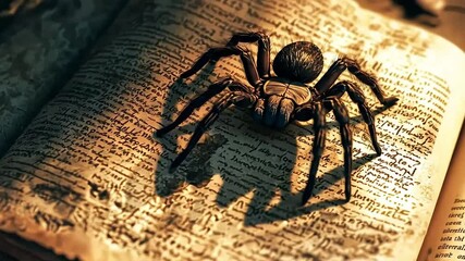 A detailed close-up of a spider on an ancient, handwritten manuscript, with soft lighting and shadows