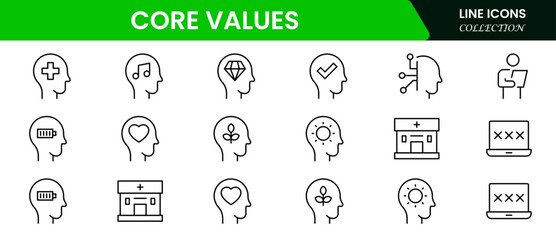Core Values Line Icons Stock Illustration" refers to a colle Stock Illustration" refers to a collection of minimalist, line-drawn icons representing essential organizational or personal principles.