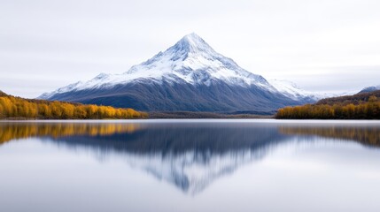 Snow-capped Mountain Autumn Trees Serene Minimalist Style High-Definition Panoramic View Perfect Reflection Peaceful Landscape Calm Lake Cold Colors Ideal for Nature Calendars