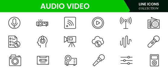 Audio Video icon set. Line icon collection set. Music, Cinema, File, Song, Movie and more. Simple vector icons. Vector illustration