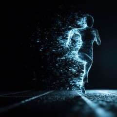 A person standing in the dark surrounded by glowing digital particles symbolizing innovation in sports performance technology
