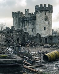 A haunting view of an old castle surrounded by ruins. The dramatic clouds add to the mysterious atmosphere. Hope fades but stories remain. Generative AI
