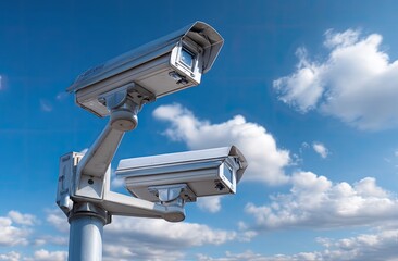 Dual Security Cameras Monitor Activity Under a Blue Sky with Fluffy Clouds