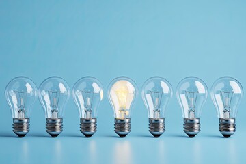 Illuminating Ideas: One Light Bulb Shines Brightly Among Others, Representing Innovation and Inspiration.