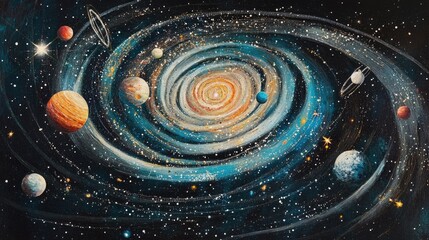 Whimsical Depiction of a Vibrant Spiral Galaxy with Planets and Stars