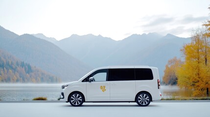 Fototapeta premium White van by a lake, autumn scenery