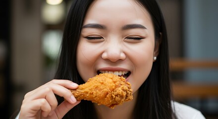 Woman Eating Fried Chicken Drumstick