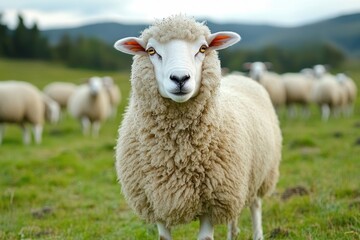 Fluffy sheep and grazing flock in green meadow on sunny day