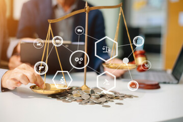 Male lawyer in the office with brass scale on wooden table. justice and law concept