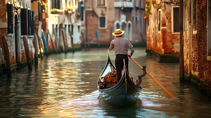 A skilled Venetian gondolier deftly guides a traditional gondola through the picturesque canals of Venice,