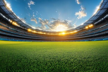 Vibrant football stadium panoramic view during golden hour with detailed grass and seating under blue sky