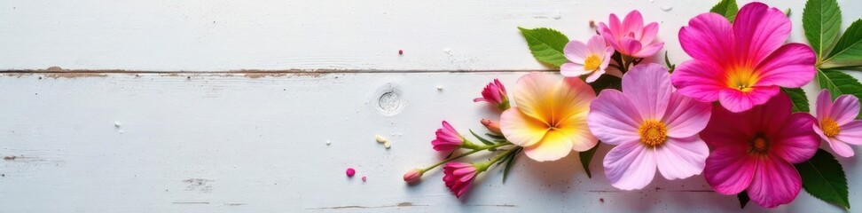Fototapeta premium Delicate blooms arranged on weathered white wood , celebration, flatlay, wood grain