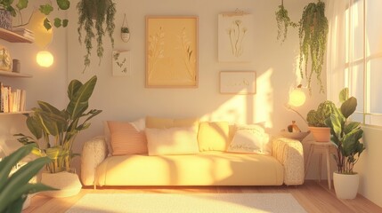Obraz premium Brightly lit living room showcases plants and cozy yellow decor