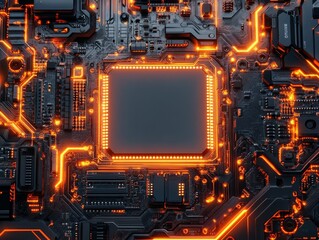 Fototapeta premium High-Tech Motherboard Close-Up with Glowing Orange Circuitry and Central Processing Unit, Illustrating Advanced Technology and Computer Hardware Design 