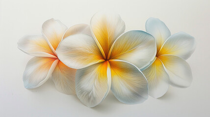 Fototapeta premium Three Elegant White Plumeria Flowers with Yellow Centers on a Clean White Background