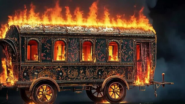 Ornate vintage caravan engulfed in flames, set against a dark background with intense fire details