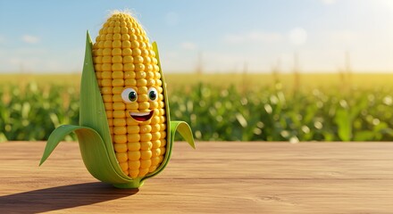 Cheerful corn character standing in a sun-drenched field with a smile