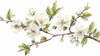 Fototapeta premium Watercolor Blossom Branch with White Flowers and Green Leaves on White Background
