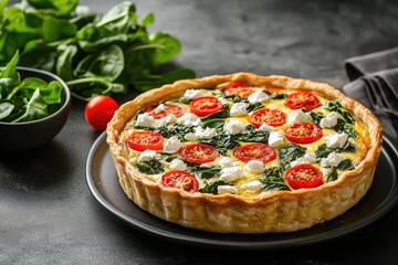 A savory spinach, feta, and cherry tomato quiche