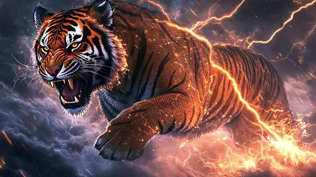 Majestic tiger leaping through stormy clouds, surrounded by vibrant lightning, showcasing power
