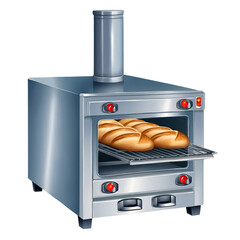 Illustration of a stainless steel commercial oven with a chimney and several loaves of freshly baked bread inside awaiting sale in a cozy bakery
