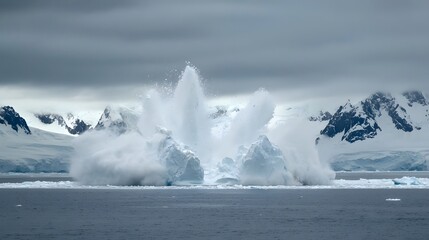 Massive iceberg breaking apart as it collides with another huge ice chunk floating in the vast cold Arctic Ocean landscape
