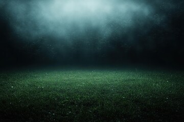 Dark moody professional soccer field with green grass foggy background cinematic lighting