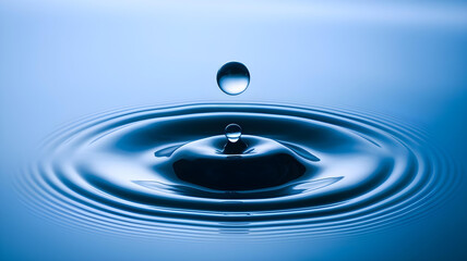 blue water drop creating symmetrical ripples and waves in perfect circular pattern on surface
