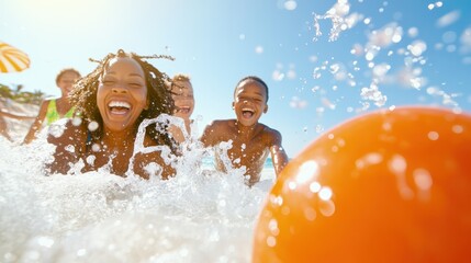 Joyful Beach Frolic: A group of friends and family splash in the ocean, radiating pure happiness during a fun summer beach day. Perfect for capturing the essence of leisure.