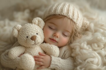 Sleeping baby holding soft white teddy bear on bed peaceful and serene moment