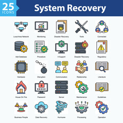 System Recovery is a collection of icons in sheet format representing system restoration, technical support, and digital emergency response.