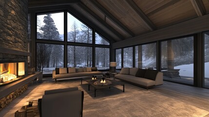 Naklejka premium Cozy living room with fireplace and view of winter landscape