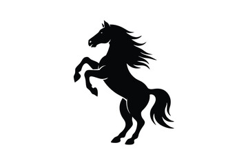 Silhouette art illustration of a rearing horse with flowing mane and raised front legs.eps