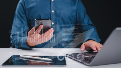 Modern Technology Data Visualization Men App Interface On Laptop Smartphone For Financial Analysis, Innovation, Research, Boosting Performance With Advanced Technology
