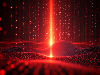 Red Abstract Data Stream Visualization with Light Beam and Wavy Terrain, Futuristic Technology Backdrop for Presentations, Design, and Digital Art Projects