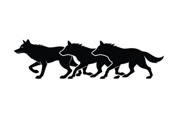 Silhouette art illustration of three wolves running in formation and facing left.eps