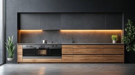 Modern kitchen with dark cabinets and wooden drawers is visible